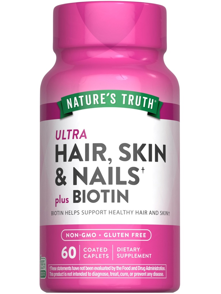 La verdad de la naturaleza Skin y uñas de pelo ← 60 cápsulas ← Plus 5,000 mcg Biotin Silencio No Gluten Suplemento gratuito