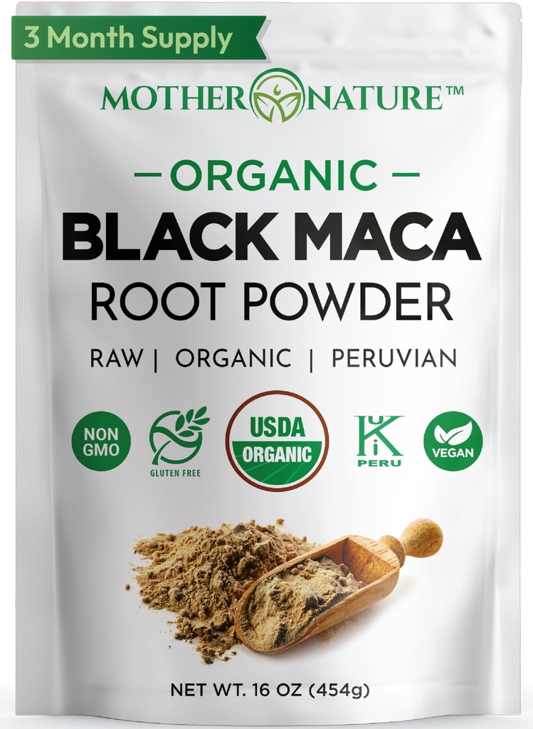 Black Maca Root Powder - Organic Peruvian Maca for Men - Strength, Endurance & Performance Support - Raw, Non-GMO, USDA Certified - 16oz Bulk Supply