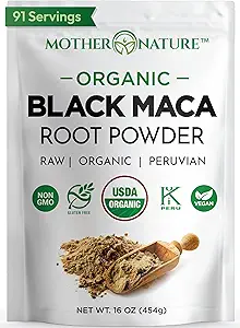 Orgánica, Cruda Peruana Negro Maca Root Powder - Premium USDA Certified, Ideal para Hombres &amp; Mujeres, Boost Workouts, Enhance Muscle Recovery, Non-GMO, Vegan Superfood, 16 oz