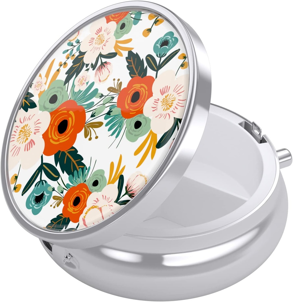 Nipichsha Pill Box, Small Pill Case for Purse & Pocket, Cute Travel Medicine Organizer, Portable Medicine Container Holder to Hold Vitamins, Medication, Fish Oil &amp; Supplements, White Flowers