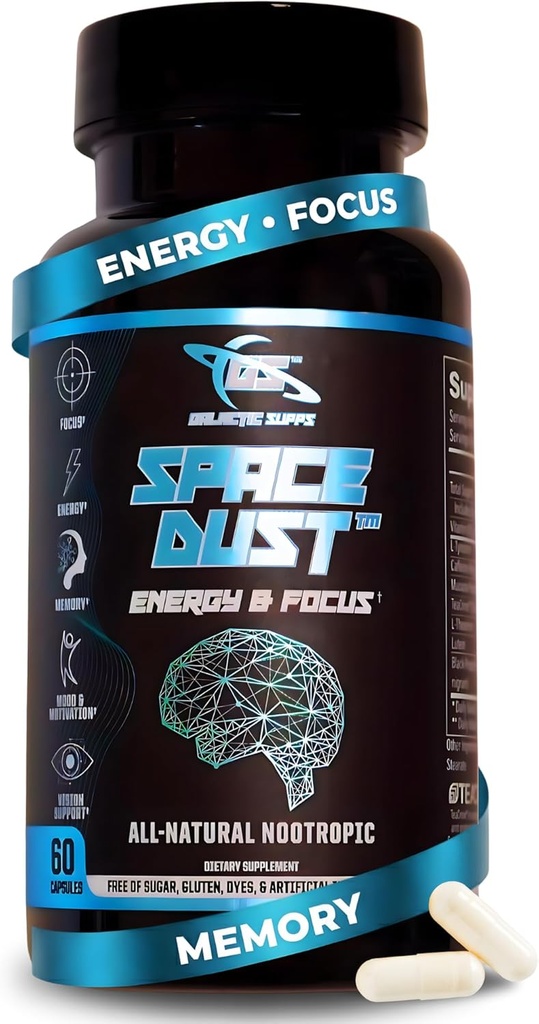 8-en-1 Premium Suplemento Nootropic Brain – Focus, Energy & Mood Support – Brain Fog Relief & Reaction Time – con TeaCrine, L-Theanine, L-Tyrosine, Mucuna &amp; More Natural Ingredients – Space Dust