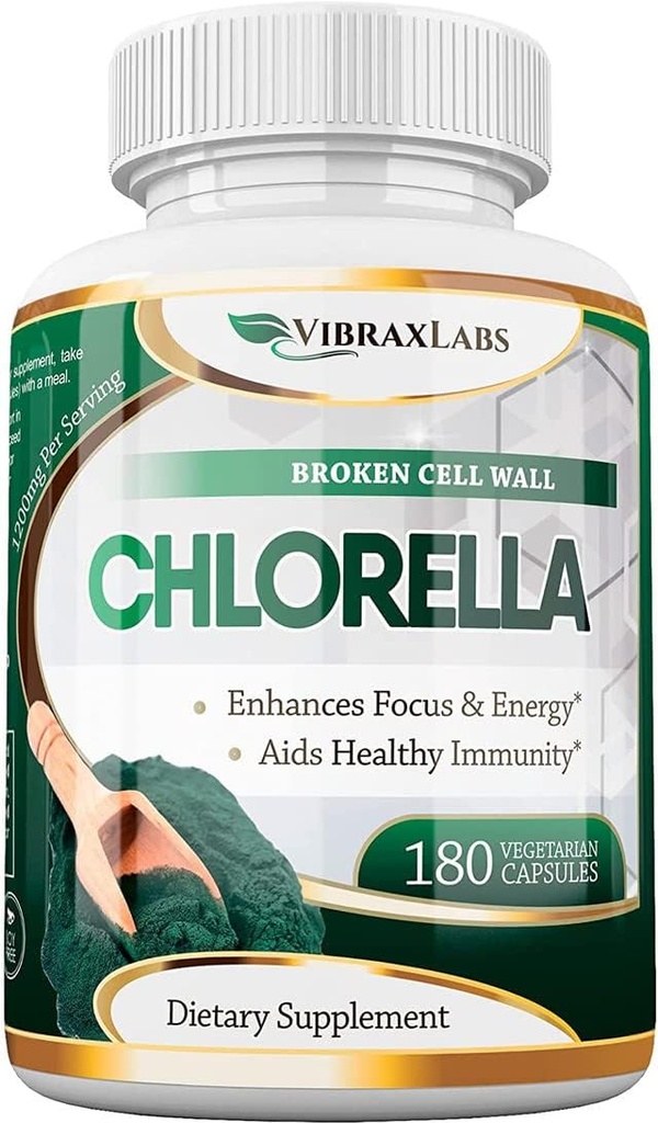 VibraxLabs Chlorella Capsules – Muro de células rotas 600 mg Píldoras de verduras (1200 mg de servicio) - Suplemento de polvo de proteína para la desintoxicación natural, mejor con espirulina, sin gusto, hecho en EE.UU.