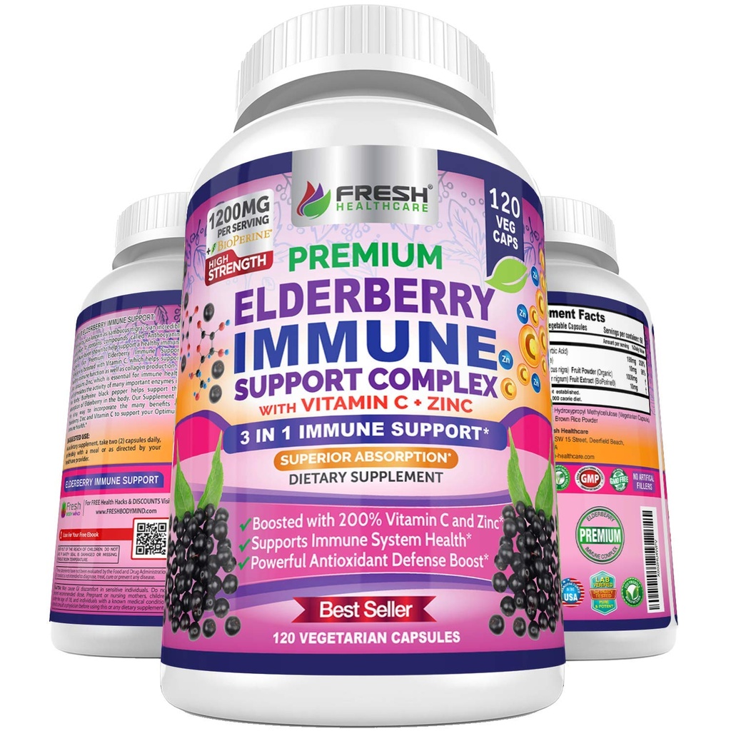 FRESH HEALTHCARE Elderberry Capsules - High Potency Black Elderberry con zinc &amp; vitamina C - Premium 3 en-1 Immune Support Vitaminas para adultos