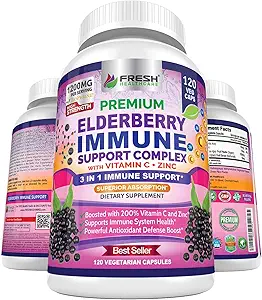 FRESH HEALTHCARE Elderberry Capsules - High Potency Black Elderberry with Zinc & Vitamin C - Premium 3-in-1 Immune Support Vitamins for Adults