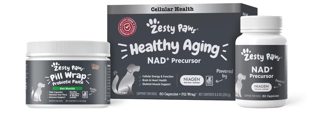 Zesty Paws NAD+ Precursor Suplemento para perros - Niagen for Healthy Aging " Skeletal Muscle Support " Recovery - Brain, Heart, " Cellular Energy Support - Nicotinamide Riboside Chloride - 60 cápsulas