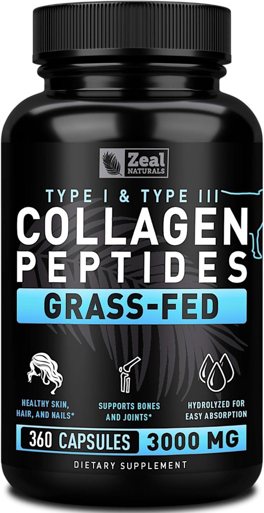 Zal Naturals Collagen Peptides Collagen Pills (360 Capsules) Grass Fed Collagen Pepetide Powder - Hidrolyzed Collagen Powder para el Suplemento de JointTendonHair Skin y uñas -