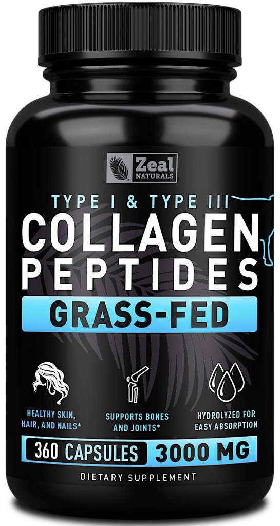 Zal Naturals Collagen Peptides Collagen Pills (360 Capsules) Grass Fed Collagen Pepetide Powder - Hidrolyzed Collagen Powder para el Suplemento de JointTendonHair Skin y uñas -