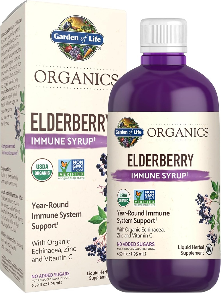 Jardín de la Vida Orgánicas Planta de Elderberry Immune Syrup 6.59 floz (195 mL) para Adultos Infantiles - Sambucus, Echinacea, Zinc &amp; Vitamina C, 0g Azúcar, Ecológico Vegan Gluten Suplemento Herbal Libre