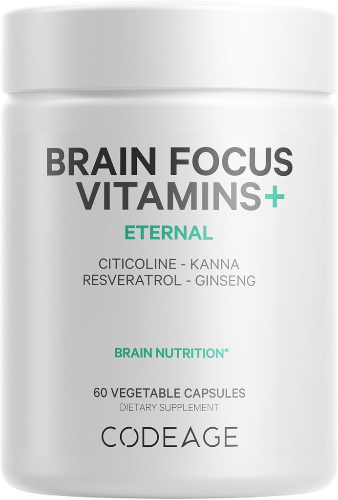 Codeage Brain Focus Vitaminas+ Suplemento nootrópico con Citicolina como Cognizin, Panax Ginseng, Resveratrol, Gotu Kola, Vitamina B12 Metilcobalamina - Entrega Liposomal - No GMO - 60 cápsulas