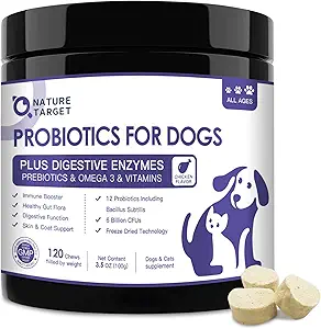 NATURE TARGET Probiotics for Dogs, 6 Billion Freeze Dried Dog Probiotics with Prebiotics & Enzymes, Vitamins, Omega 3, for Digestive & Gut Health, Itch Relief, Reduce Diarrhea, 120 Bites