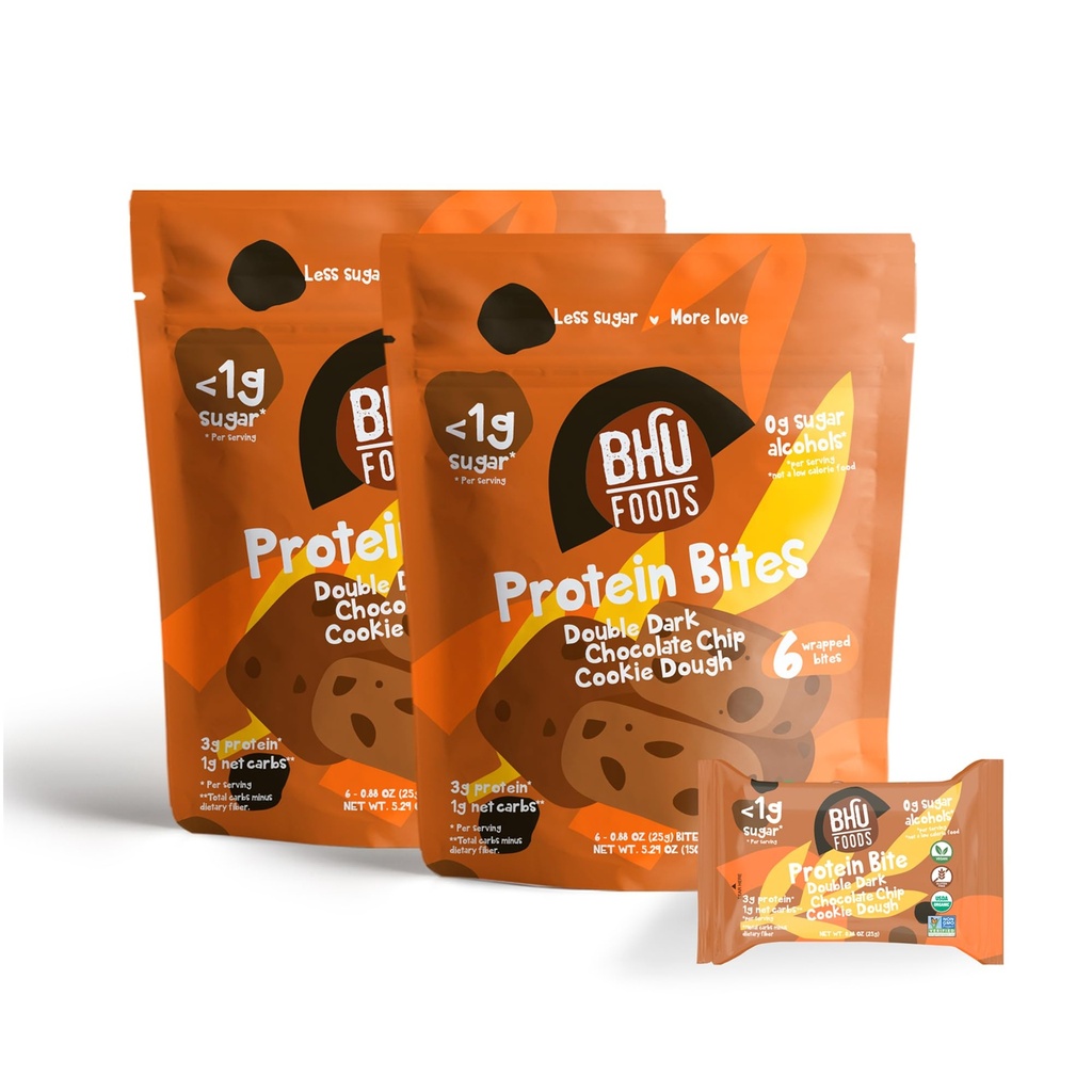 Bhu Foods Keto Bites - Double Dark Chocolate Chip Cookie Dough | Organic Keto Snacks for Adults & Kids | Gluten Free, Vegan, Low Carb, Low Sugar | Individually Wrapped Protein Bites (2 Pack)