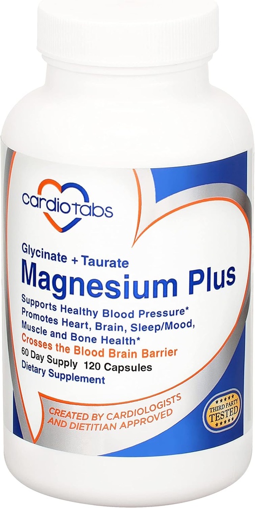Magnesium Plus – 200 mg de Glycinate de Magnesio y Taurate de Magnesio para Presión de Sangre, Corazón, Cerebro, Apoyo a la Moda del sueño – Altamente concentrado y bien absorbido - 120 cápsulas