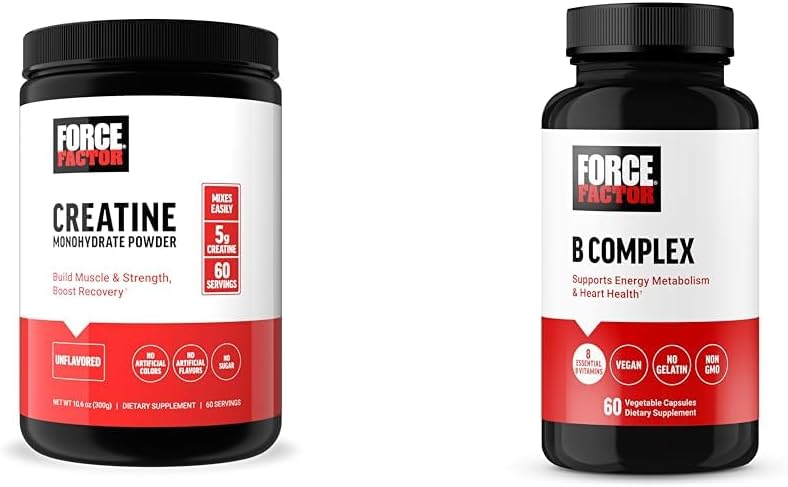 Factor de fuerza Cretina Powder 60 Servimientos y Complejo de vitamina B 60 cápsulas Bundle para la ganancia muscular, fuerza, energía y recuperación más rápida