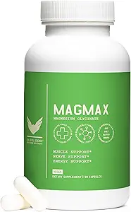 Suplemento Glycinate Magmax de alto nivel para adultos, soporta la salud ósea, el sueño, el corazón, la función muscular " , Gluten Free, Vegan, 275 mg, 90 cápsulas