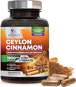 Organic Ceylon Cinnamon Supplement 1800mg - Certified Organic Ceylon Cinnamon Powder Pills - Energy & Heart Support for Women & Men, Bottled in USA, Antioxidant, Gluten Free, Non-GMO - 180 Capsules