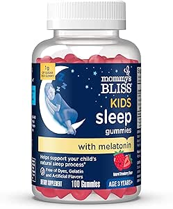 Mami's Bliss Kids Sleep Melatonin Gummies, Non Habit-Forming with No Artificial Colors, Flavors or Gelatin - Age 3 Years+ - Strawberry Flavor - 100 Sleep Gummies