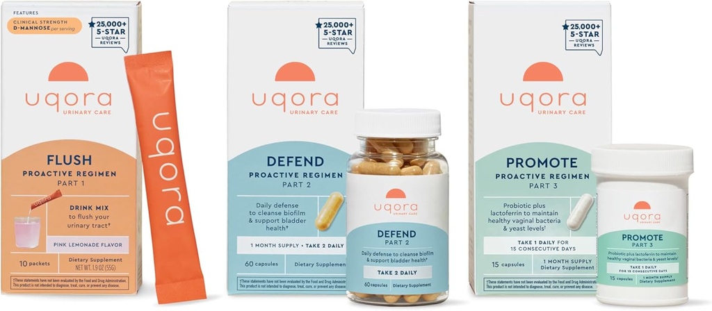Regimen completo de Uqora con Flush, Defender " - Apoyo a la tract urinaria con D-Mannose, vitamina C, Green Tea Extract, Probiotics " More - Soporte integral de salud de la vejiga* - 3-Part Bundle