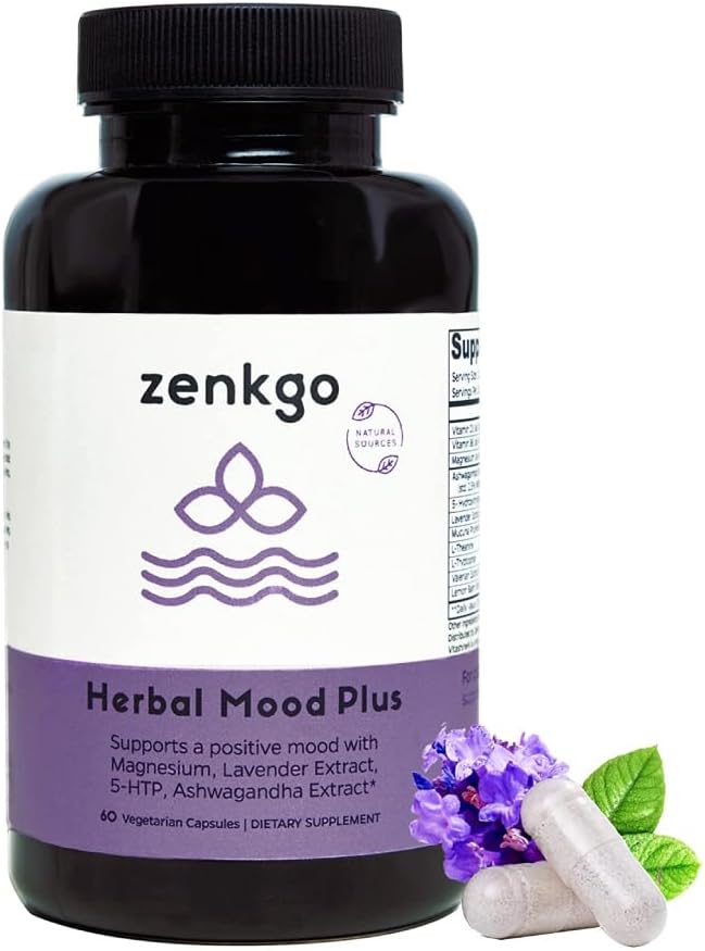 Zenkgo Ashwagandha, 5-HTP, Lavender, Mucuna, L-tryptophan - Mood Support Suplemento, Plant-Based, Herbal Mood Plus Ayuda con calma mente &amp; Stress Relief, Emotion Blalance, Positivity (60Ct/30Day)