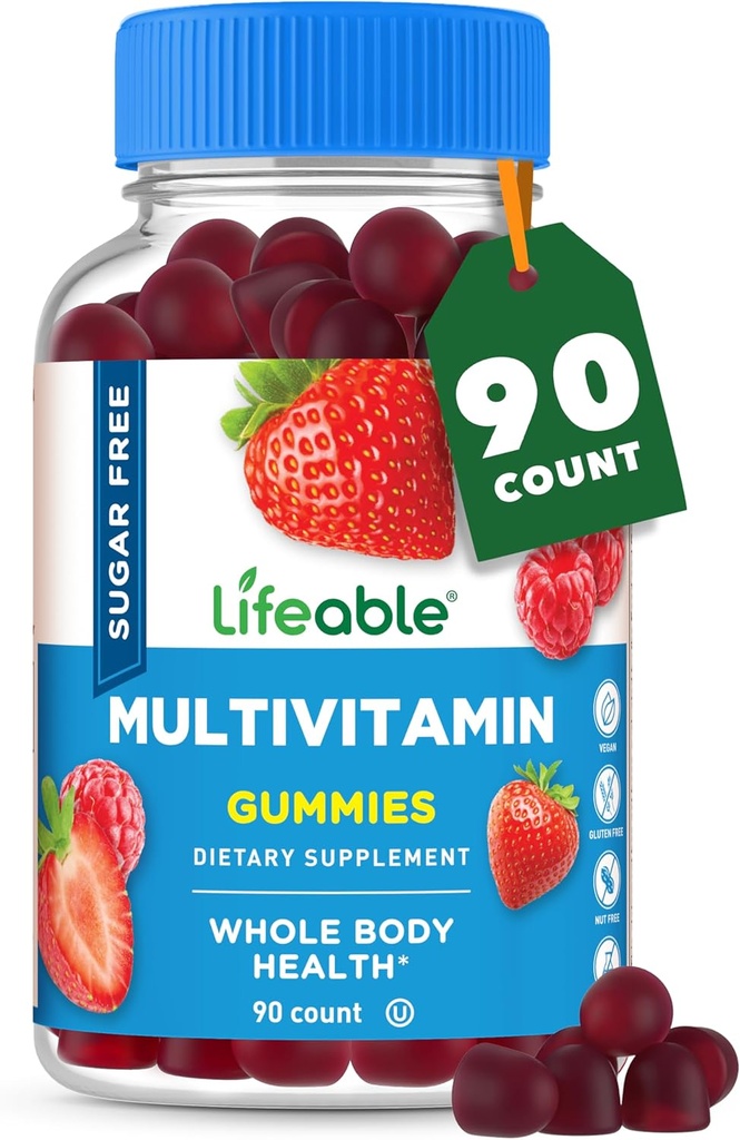 Gummies multivitamínicas libres de azúcar vivas  sometidas con vitamina A, C, D, E, Niacin, B6, Folate, B12, Biotina, ácido pantoténico, Zinc  Great Tasting Adult Multivitamin Gummy ← 90 Gummies