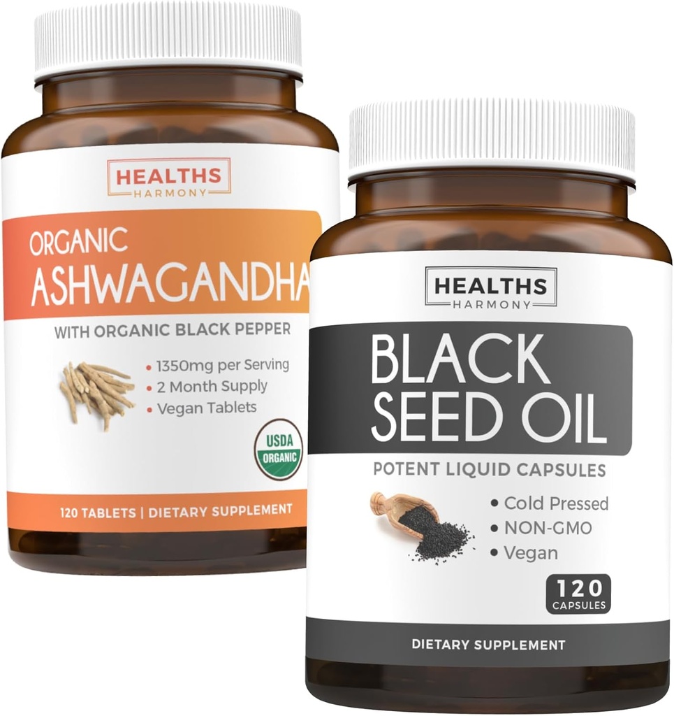 Bundle of Black Seed Oil & Organic Ashwagandha - Renew & Recharge Bundle - Black Seed Oil - 120 Soft-gel Capsules (Non-GMO & Vegetarian) and Organic Ashwagandha Root Powder 1350mg serve (120 Tablets)
