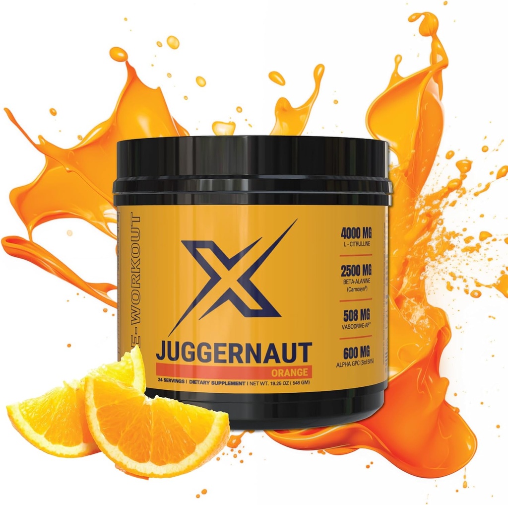 Juggernaut X Pre-Workout Suplemento (Orange) - Boosts Strength, Endurance,Energy - L-Citrulline, Beta-Alanine, Creatine, Enhanced with VasoDrive for Blood Pressure Support - 30 Servings