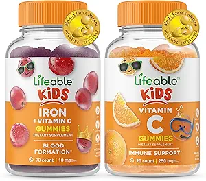 Hierro Lifeable &amp; Vitamina C Kids + Vitamina C Kids, Gummies Bundle - Gran Tasting, Suplemento de vitaminas, Gluten Free, GMO Free, Chewable Gummy