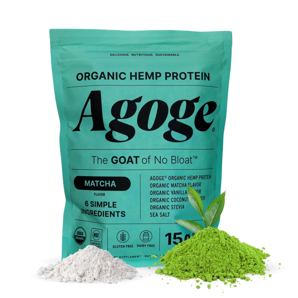 Agoge USDA Organic Hemp Protein Powder, Matcha Flavor, 20 Servings | The Goat of No Bloat, NSF Certified for Sport, Essential Amino Acids, Plant-Based, Gluten Free, For Women & Men