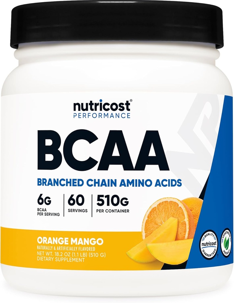 Nutricost BCAA Powder (Orange Mango, 60 Servings) - 2:1 Relación óptima, Gluten Free, Non-GMO, Vegetarian
