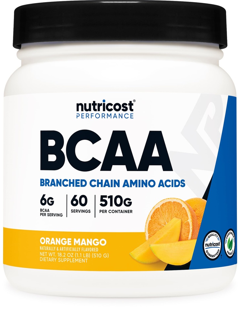Nutricost BCAA Powder (Orange Mango, 60 Servings) - 2:1:1 Optimal Ratio, Gluten Free, Non-GMO, Vegetarian