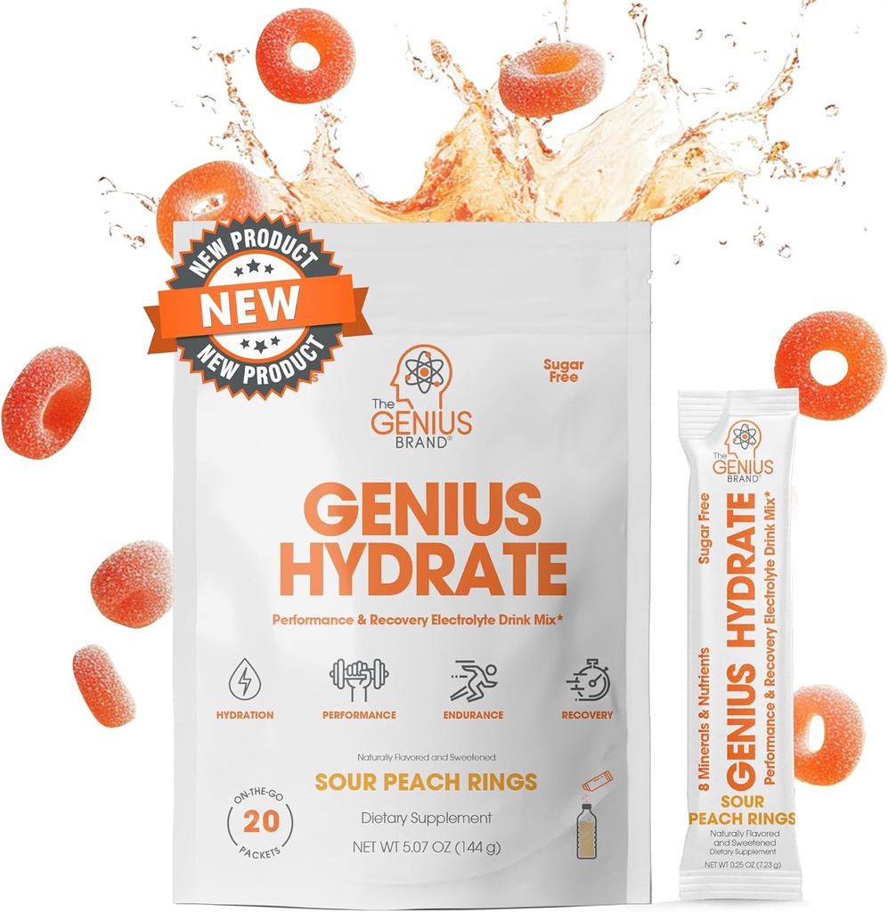 The Genius Brand Genius Hydrate - Electrolyte Supplement for Daily Hydration - Coconut Water - Sugar-Free - 8 Minerales esenciales " Nutrientes - Non-GMO - Anillos de durazno - 20 Servings
