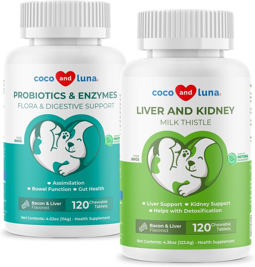 Cardo de leche &amp; Probióticos para perros - Soporte para el hígado, Función de bolos, Apoyo a la digestión para gas, diarrea, mal aliento de perro &amp; estreñimiento