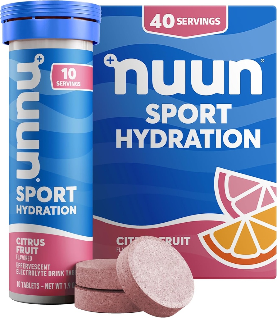 Nuun Sport Electrolyte Tablets with Magnesium, Calcium, Potassium, Chloride & Sodium, Gluten Free & Vegan, Citrus Fruit, 4 Pack (40 Servings Total)