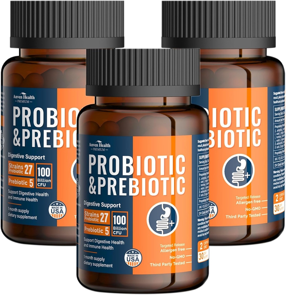 Probióticos de 100 millones para hombres y mujeres 27 Estrados 5 Prebióticos Orgánicos para la Salud Gut Digestiva &amp; Inmune, Apoyos Bloating de gas de diarrea, No GMO, Zero Fillers – Hecho en USA丨180 Caps