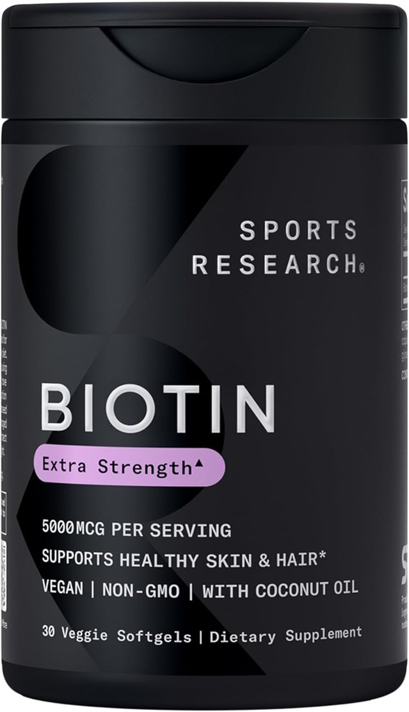 Sports Research® Biotin 5,000mcg con aceite de coco orgánico - Biotina (Vitamin B7) para la piel y el cabello saludables* - para mujeres y hombres - Vegan, No GMO, Gluten &amp; Soy-Free - 30 Veggie Softgels