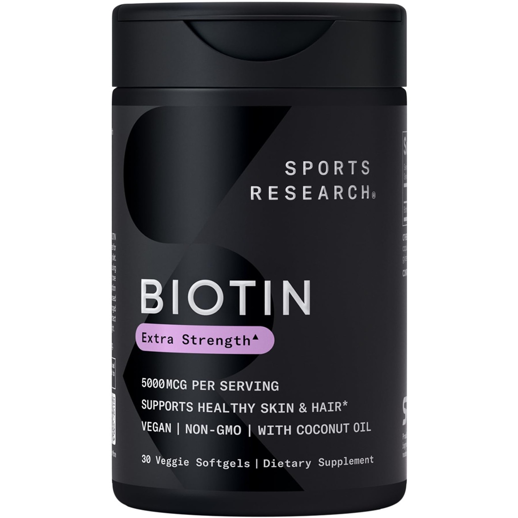 Sports Research® Biotin 5,000mcg con aceite de coco orgánico - Biotina (Vitamin B7) para la piel y el cabello saludables* - para mujeres y hombres - Vegan, No GMO, Gluten &amp; Soy-Free - 30 Veggie Softgels