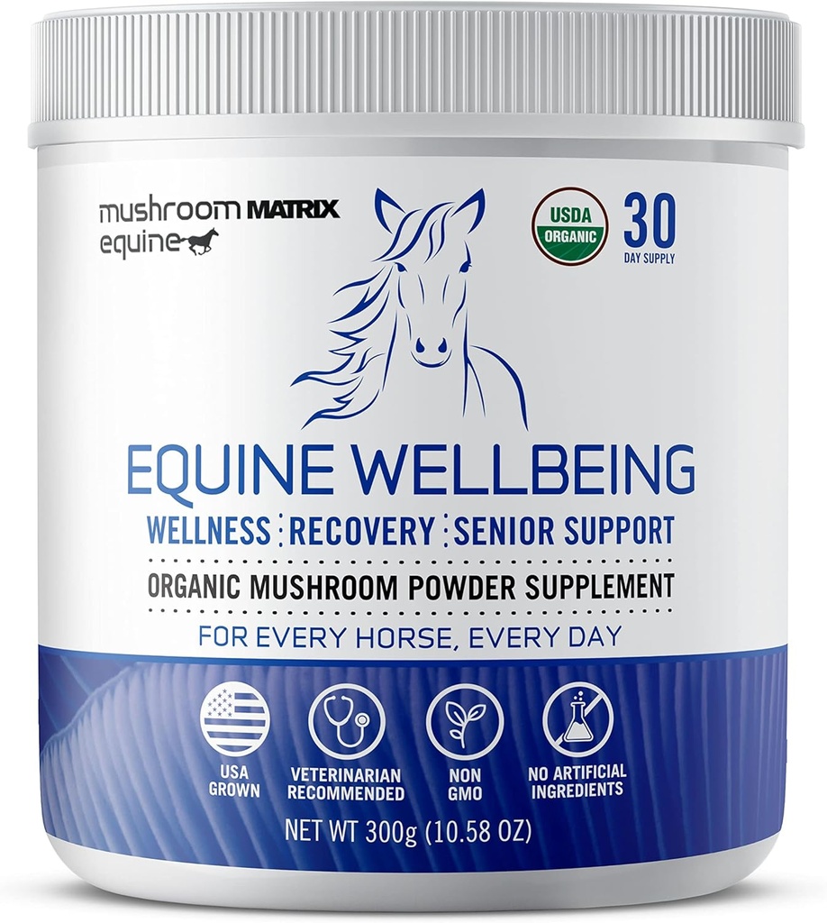 Om Mushroom Matrix - Equine ← Bienestar Silencio EE.UU. Grown Human-Grade Organic Mushroom Powder Show Safe Horse Supplement TEN Wellness, Recovery, " Senior Support  durable 300 Grams, 10.5 oz