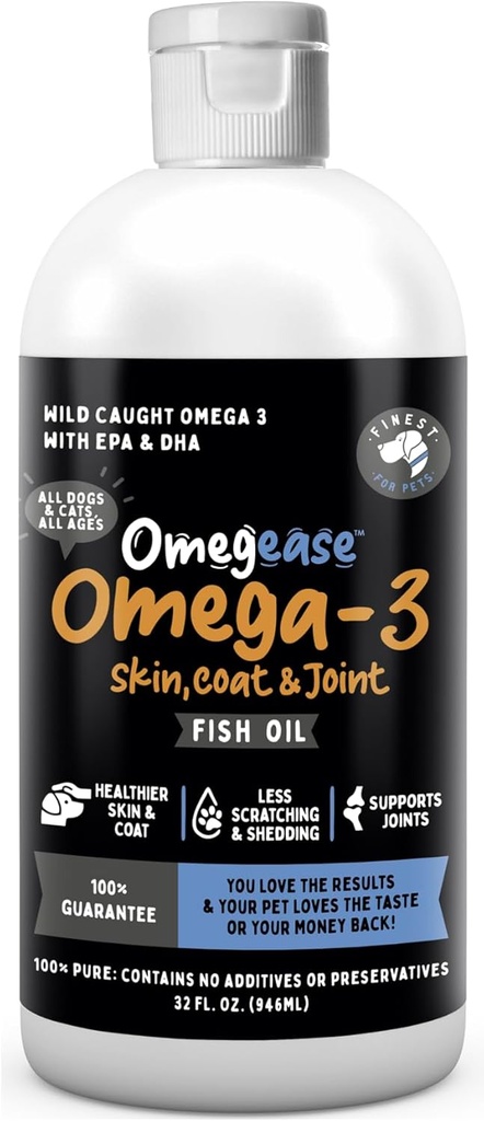Omegease Fish Oil for Dogs & Cats - Finest for Pets Omega 3 for Cats & Dogs - Suplemento para la piel " Coat, picazón, cama, articulaciones " Immune Health - 100% Puro Omega Fish Oil con EPA " DHA (32 oz)