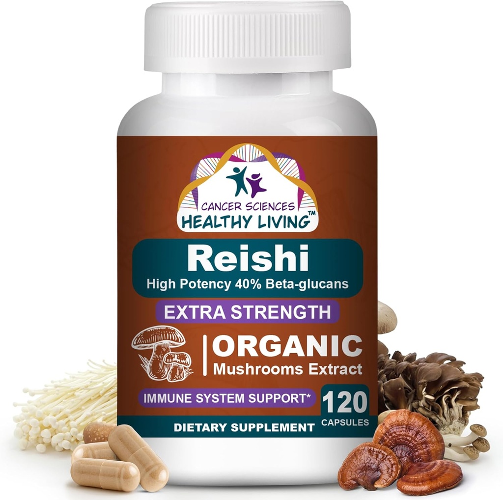 CANCER SCIENCES Reishi Wellness Mushroom Supplement Capsules, USDA Certified Organic Mushrooms Extract, Extra Strength 1,500 mg, High Potency 40% Beta-Glucans, Immune Support, Anti-aging, 120 cápsulas