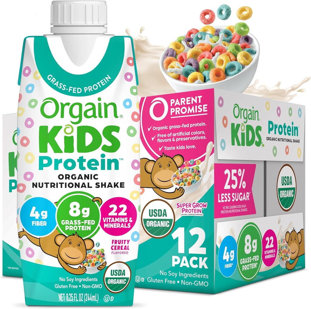 Orgain Organic Kids Nutritional Protein Shake, Fruity Cereal - Kids Snacks with 8g Dairy Protein, 22 Vitaminas & Minerales, Frutas & Verduras, Gratuita, Soy Libre, No GMO, 8.25 Fl Oz (Pack of 12)