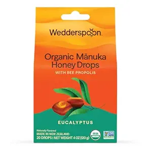 Wedderspoon Organic Manuka Honey Drops, Eucalyptus &amp; Bee Propolis, 20 Conde (4oz) (Pack of 1) Mantener la Miel Genuine Nueva Zelanda