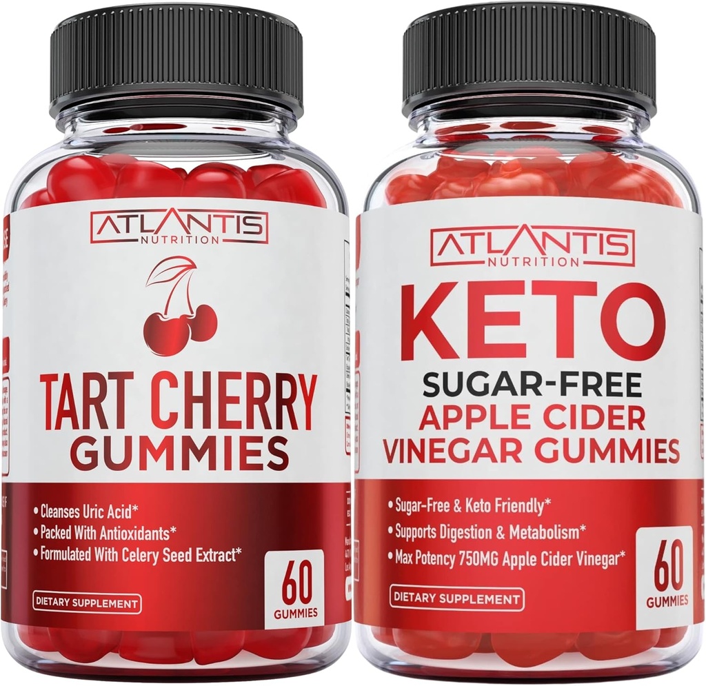 Atlantis Nutrición Tart Cherry 60 Gummies + Azúcar Keto Apple Sider Vinegar 60 Gummies