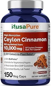 NusaPure Ceylon Cinnamon20:1 Extracto, 500 mg Equivalente a 10.000 mg Por Caps  150 Veggie Capsules ← Non-GMO, Vegan with Bioperine