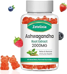 Ashwagandha Gummies, Extra Strength Vitamin D3, Orgánica Ashwa Root Suplemento de Relajación Mood Calma &amp; Apoyo Inmunitario, Azúcar Vegan Mezclado Gratuito 60 Conde