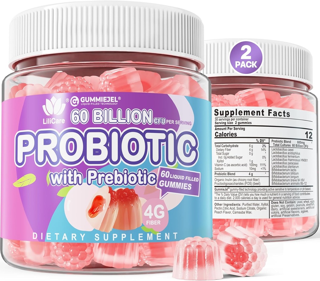 2Pack Probiotic + Prebiotics Gummies Sugar Free 60 Billion CFU, 11 Strains Probiotics Filled Gummies for Women Men Digestive Health and Gut Health, Supports Constipation, Diarrhea, Gas & Bloating