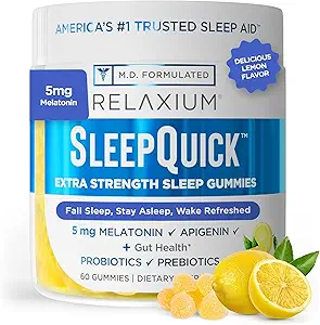 Relaxium Sleep Quick Gummy, Sleep Aid Support, 5 mg Melatonin, Vitamina D-3, Prebiotic &amp; Probiotic Blend, Gluten & Drug Free, Lemon Flavor, 60 Gummies