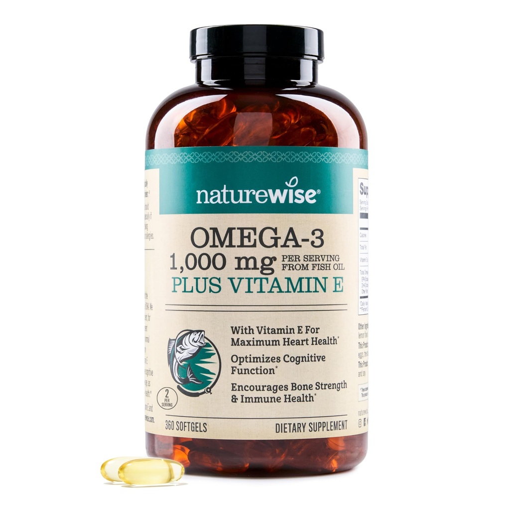 NatureWise Extra-Strength Omega 3 Fish Oil Suplemento - 1000mg por Serving - 600 EPA &amp; 400 DHA y Vitamina E - Apoyo para la salud del corazón y del cerebro - Lemon Flavor, GMO-Free - 360 Softgels[6-Month Supply]