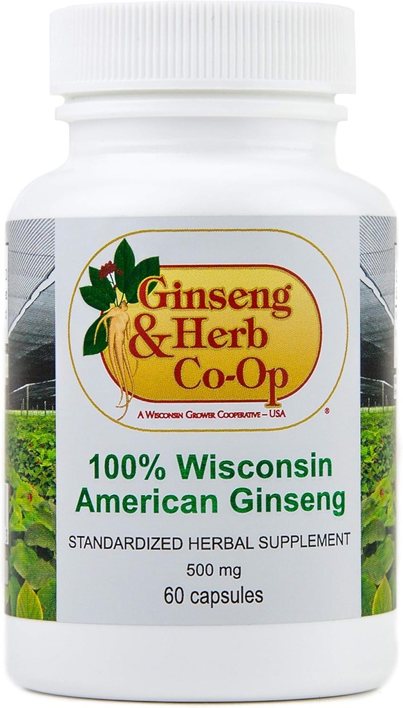 100% Puro Wisconsin American Ginseng Capsules - 500mg. Authentic Panax Quinquefolius. Potent Ground Ginseng Root - No Fillers, Binders u otros aditivos.