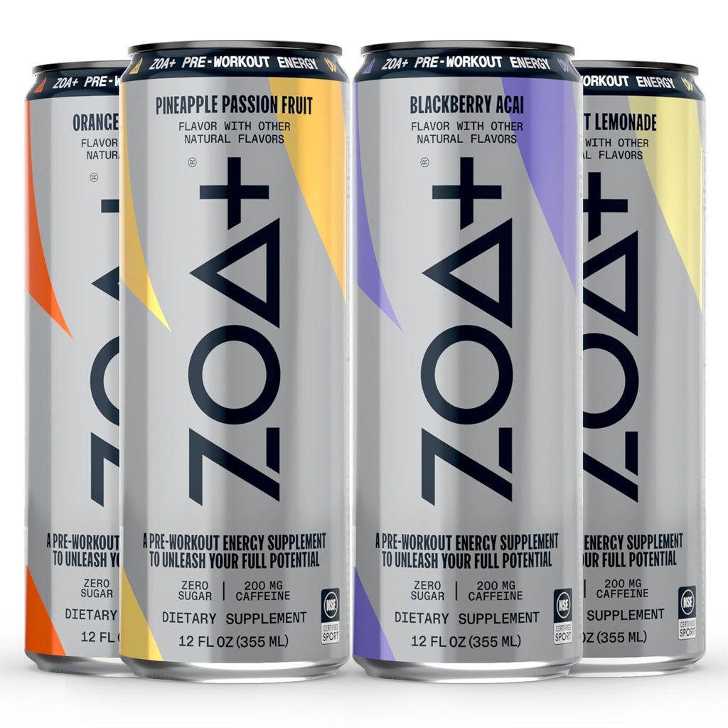 ZOA+ Pre-Workout Energy Drink, Variety Bundle - NSF certificado para el deporte con azúcar cero, soporte óxido nítrico, vitaminas B & D, ácidos aminoácidos y electrolitos - 48 pack