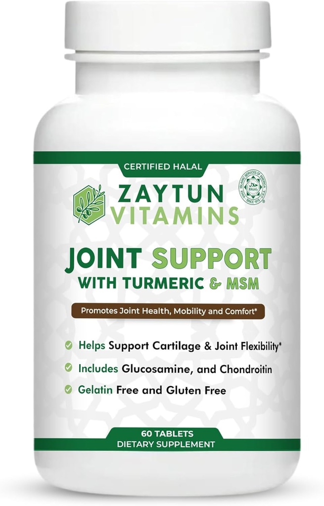 Zaytun Halal Joint Support with Turmeric + Glucosamine, Promotes Joint Health, Flexibility and Supports Mobility, 1 Month Supply, No Gluten, No Gelatin, Made in USA - Halal Vitamins