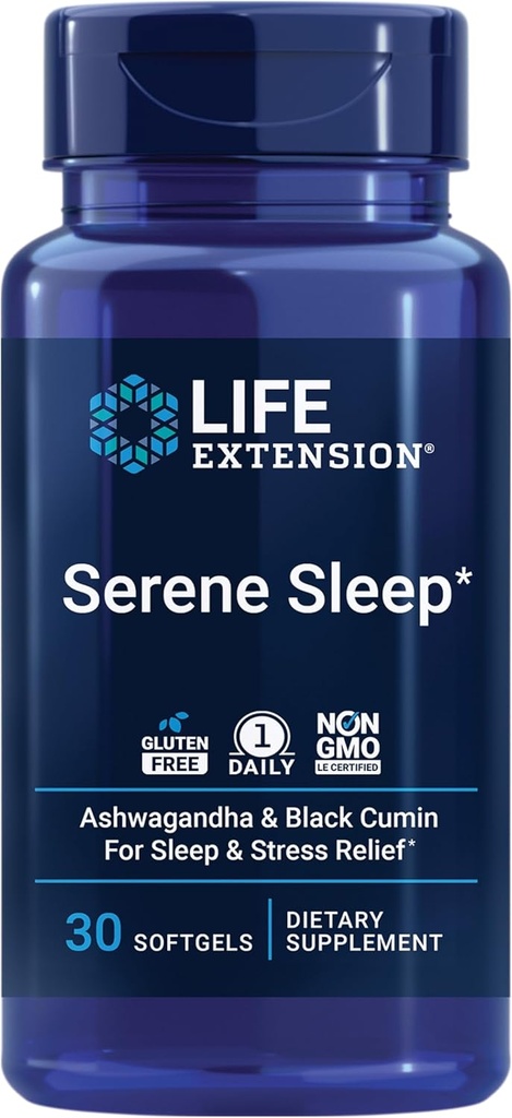 La extensión de vida sueño sereno – Ashwagandha, Cumin Negro – Suplemento de sueño, calma, relajación, soporte para dormir sin melatonina – Una vez al día, libre de gluten, no GMO – 30 Softgels